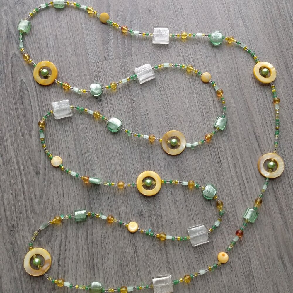 Yellow and Green Glass Beaded Necklace Pearlescent Shell Long